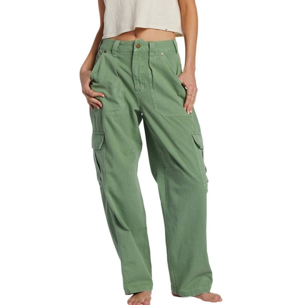 NEW Billabong Green Walk Along Relaxed Cargo Cotton Twill Comfy Pants Size 26